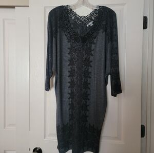 Boho Chic Two-Tone Charcoal Grey/Black Lace Jersey Knit Dress Sz L